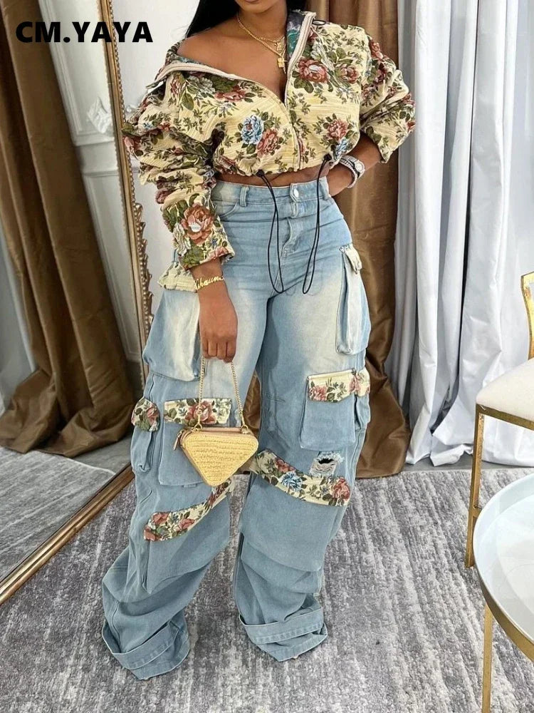 CM.YAYA Washed Denim Women's Set Full Sleeve Floral Jacket and Pockets Cargo Jeans Pants Suit 2024 Street Two 2 Piece Set Outfit