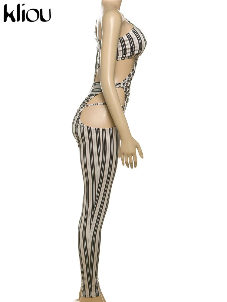 kliou Striped Printed Women Jumpsuits Sexy Incline Shoulder Hollow Cleavage Skinny Overalls Female Fashion Attractive Clubwear