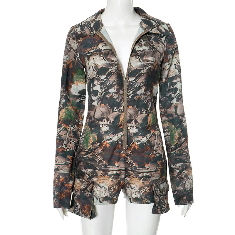 Simenual Streetwear Camouflage Print Long Sleeve Playsuits Women 90s Grunge Zip-up Skinny Rompers Cyber Y2K One-piece Playsuit