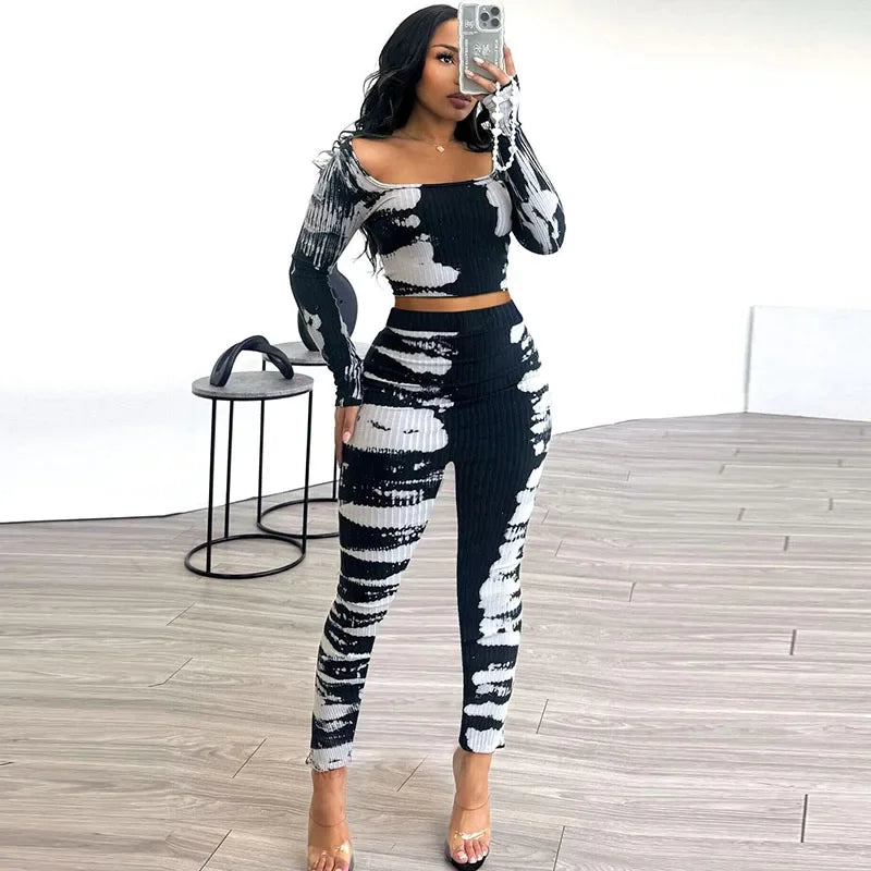 2024 Printing Knitted Two Piece Women Sets Casual Outfits Square Collar Long Sleeve Crop Top and Pants Matching Sets Loungewear