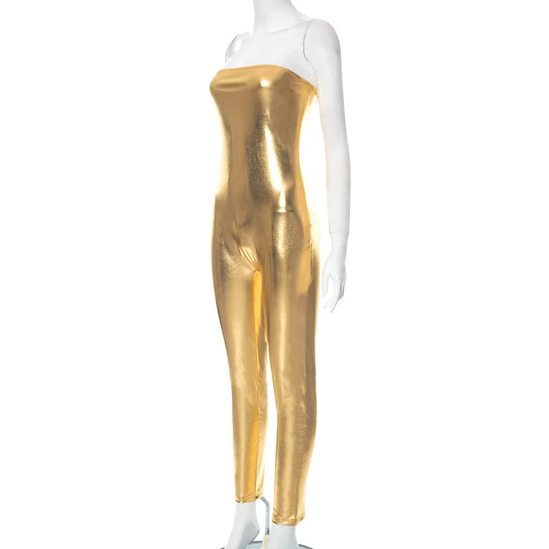 Women Shiny Silver Gold PU Leather Jumpsuit Metallic Color Leather Romper Sleeveless Off Shoulder Slim Jumpsuit Outfits Overalls