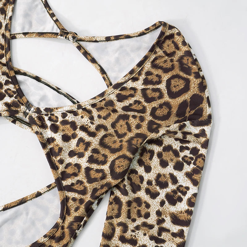 Weird Puss Leopard Print Jumpsuit Women Wild Hollow Low-Neck Sexy Skinny Full Sleeve Peach Hip Midnight Party Overalls Clubwear