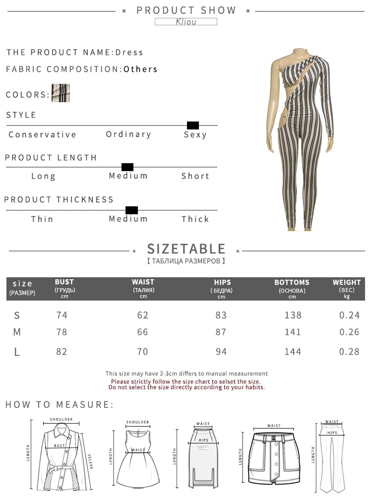 kliou Striped Printed Women Jumpsuits Sexy Incline Shoulder Hollow Cleavage Skinny Overalls Female Fashion Attractive Clubwear