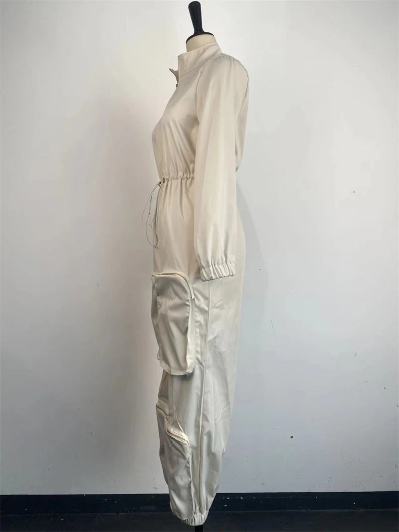 INS Cargo Jumpsuits Women Spring Clothing Solid Zipper Fly Big Pockets Long Rompers Playsuits One Pieces Pants Overalls Outfits