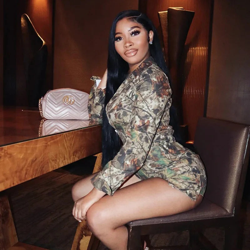 Simenual Streetwear Camouflage Print Long Sleeve Playsuits Women 90s Grunge Zip-up Skinny Rompers Cyber Y2K One-piece Playsuit