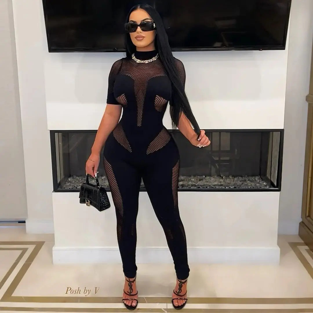 CM.YAYA Short Sleeve Women Mesh Hollow Out O-neck Rompers Jumpsuits 2024 Summer Sleep Night Club Party One Piece Sexy Outfits