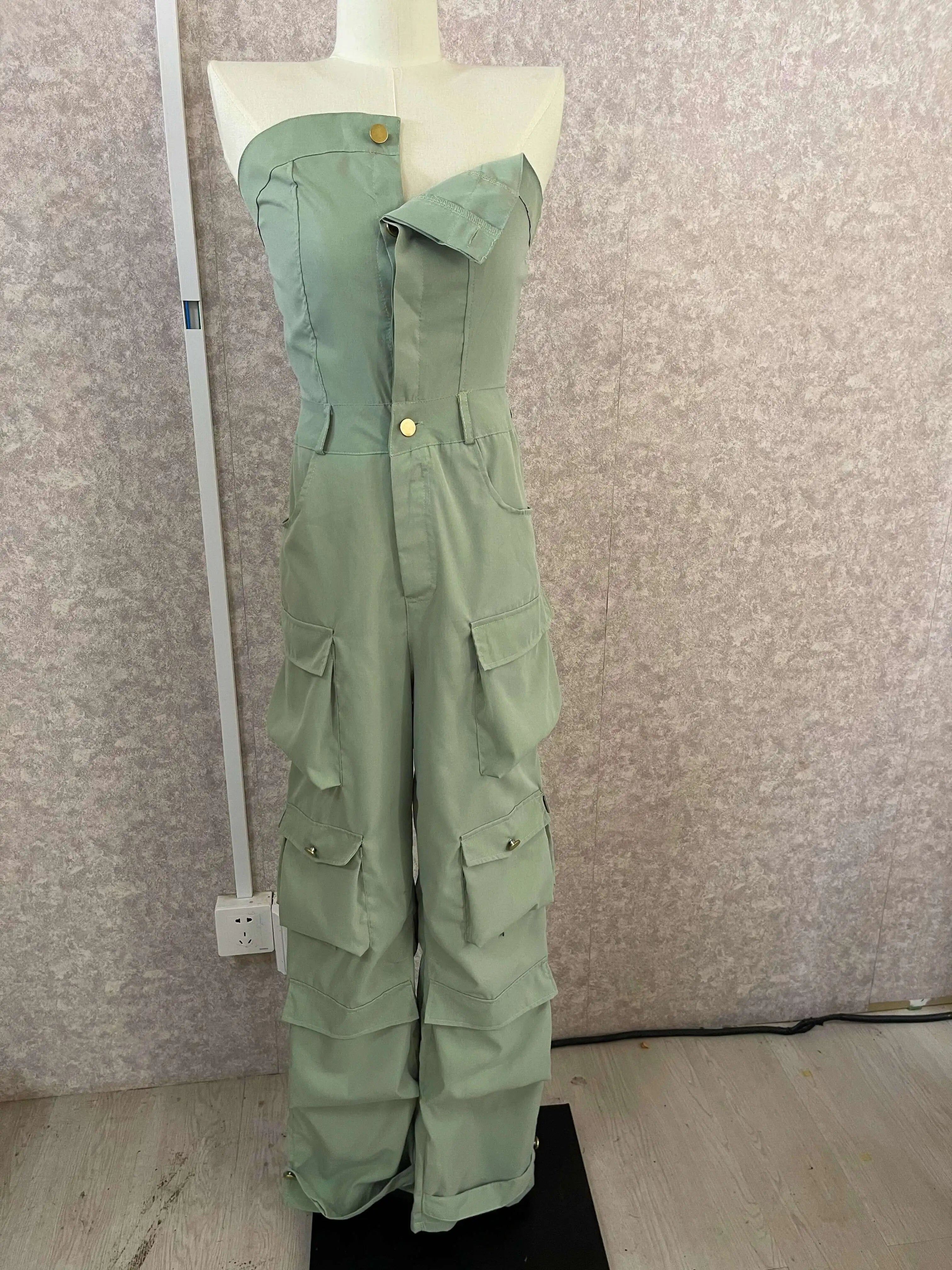CM.YAYA Fashion Women Strapless Button Front Ruched Cargo Jumpsuit 2023 Autumn Sexy Party Street Playsuit One Piece Suit Romper