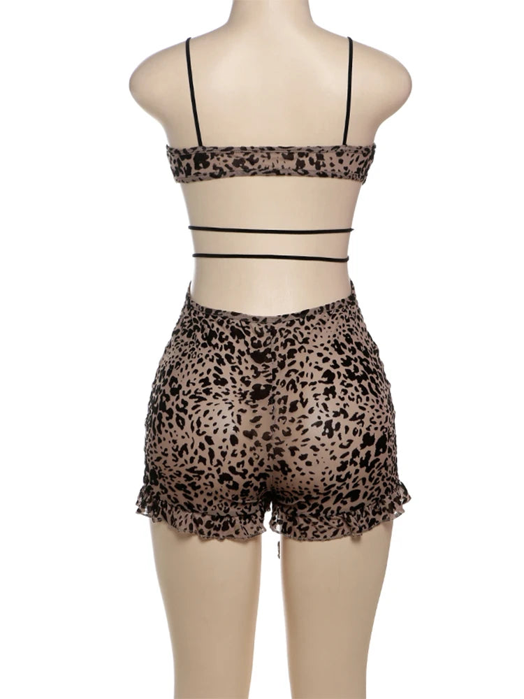 Weird Puss Leopard Print Romper Women Flocking V-Neck Tassel Sexy Summer Backless Coquette Thin Midnight Party Workout Playsuits