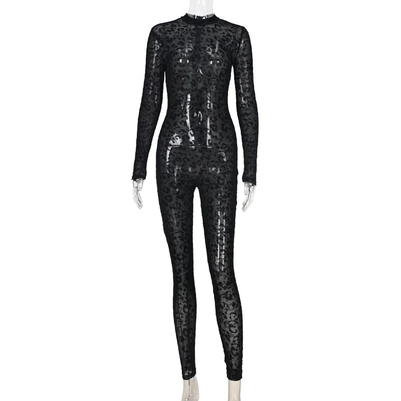 Animal Instinct Mesh Bodystocking Leopard See Through Velour Long Sleeve Rompers Womens Jumpsuit Sexy Midnight Clubwear