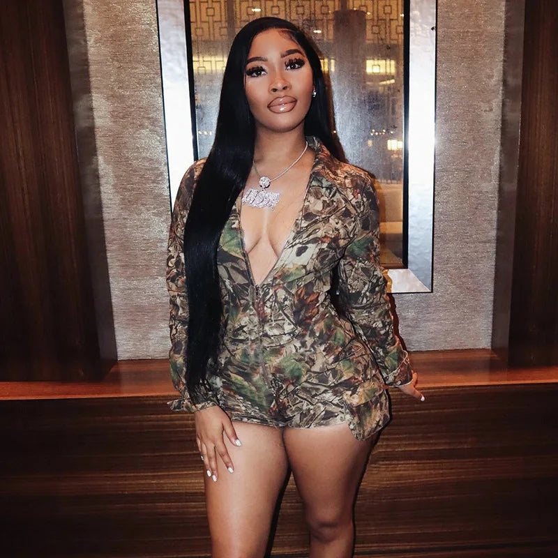 Simenual Streetwear Camouflage Print Long Sleeve Playsuits Women 90s Grunge Zip-up Skinny Rompers Cyber Y2K One-piece Playsuit