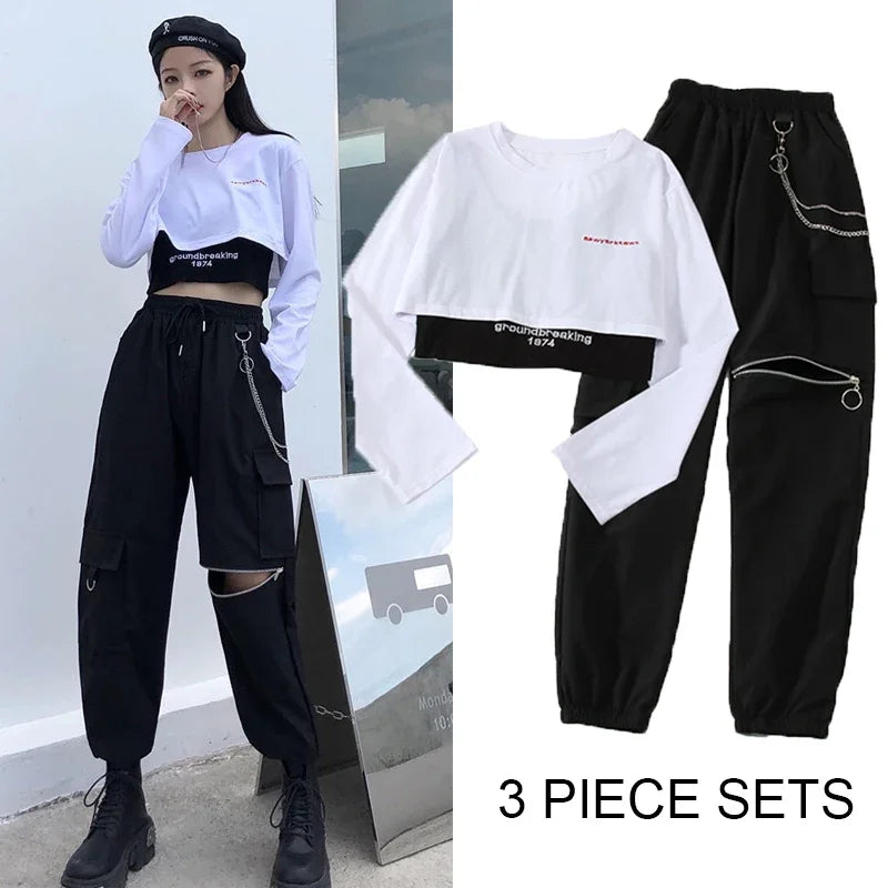 2025 Fashion Jogger 3 Piece Sets Women New High Waist Cargo Pants with Chain Streetwear Casual Hip Hop Long Sleeve Crop Tops