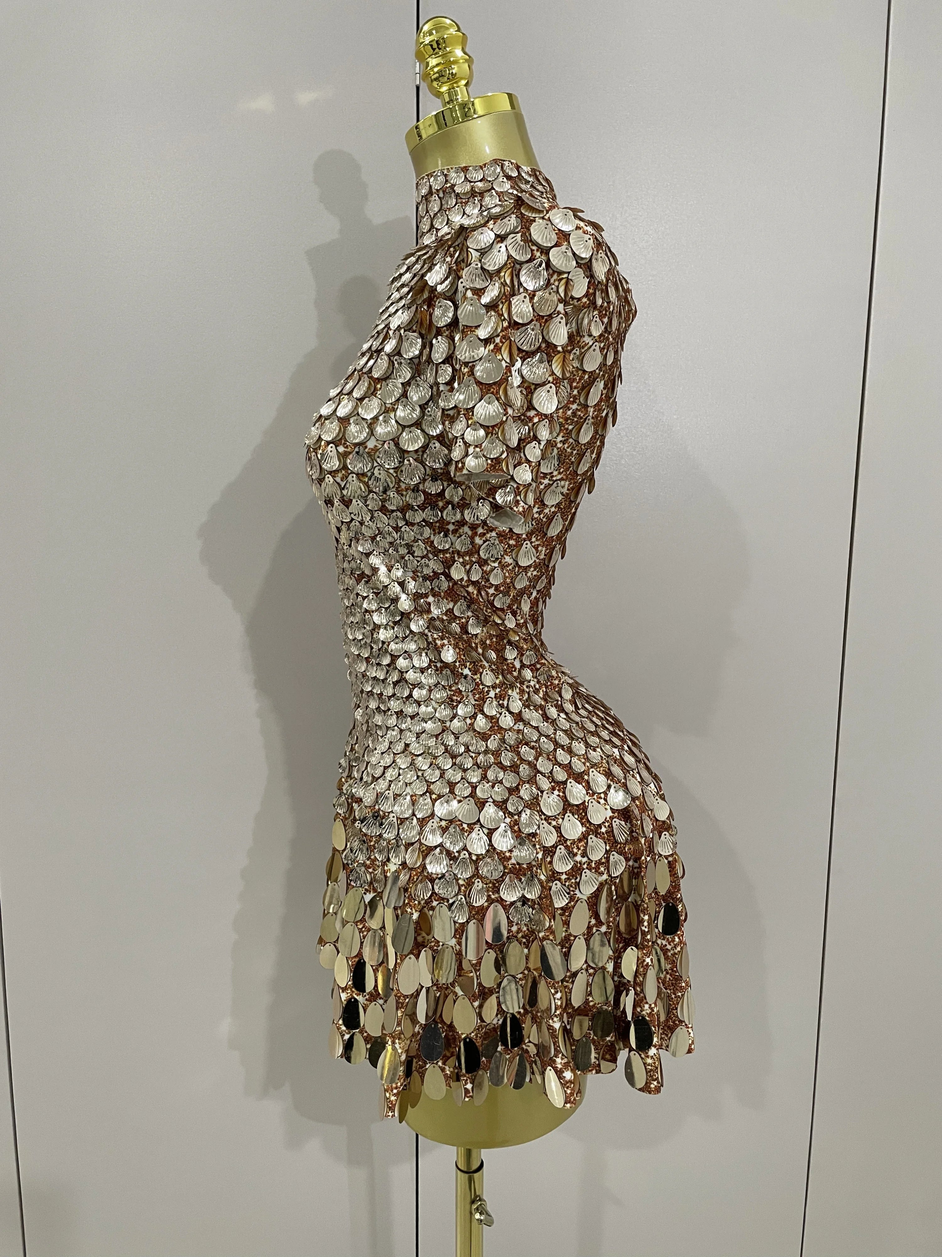 Luxury High Quality Shiny Shell Sequins Bodysuit Dress Women Sexy Nightclub Dance Performance Clothing Birthday party Dresses