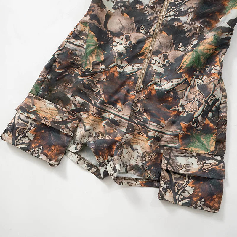 Simenual Streetwear Camouflage Print Long Sleeve Playsuits Women 90s Grunge Zip-up Skinny Rompers Cyber Y2K One-piece Playsuit