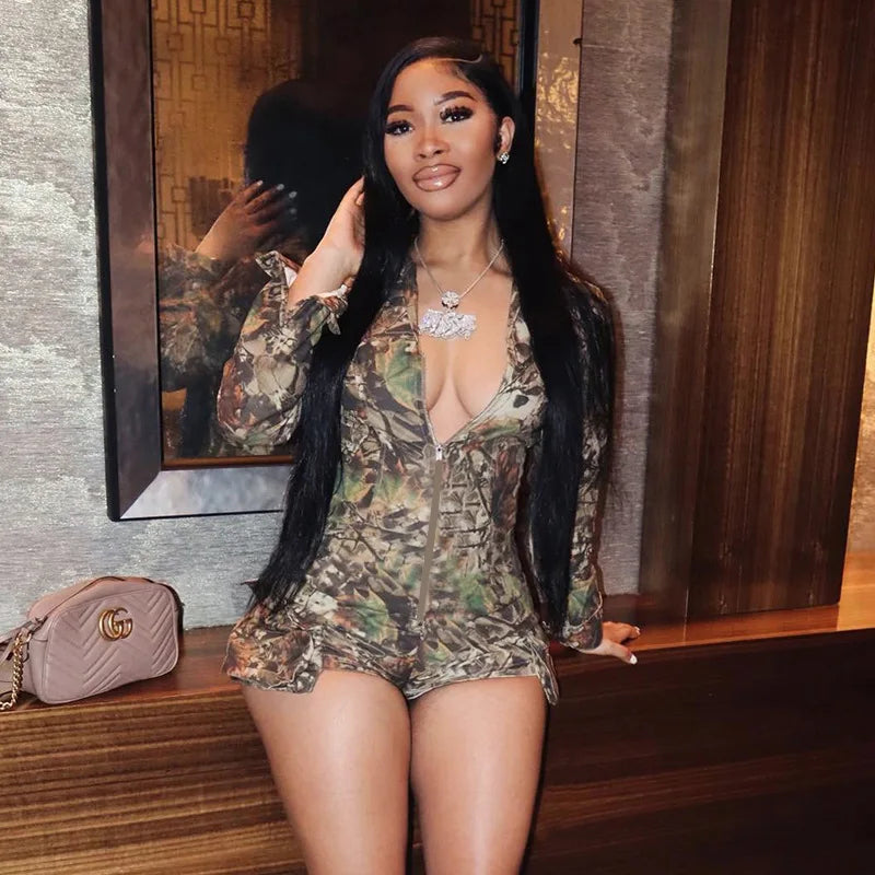 Simenual Streetwear Camouflage Print Long Sleeve Playsuits Women 90s Grunge Zip-up Skinny Rompers Cyber Y2K One-piece Playsuit
