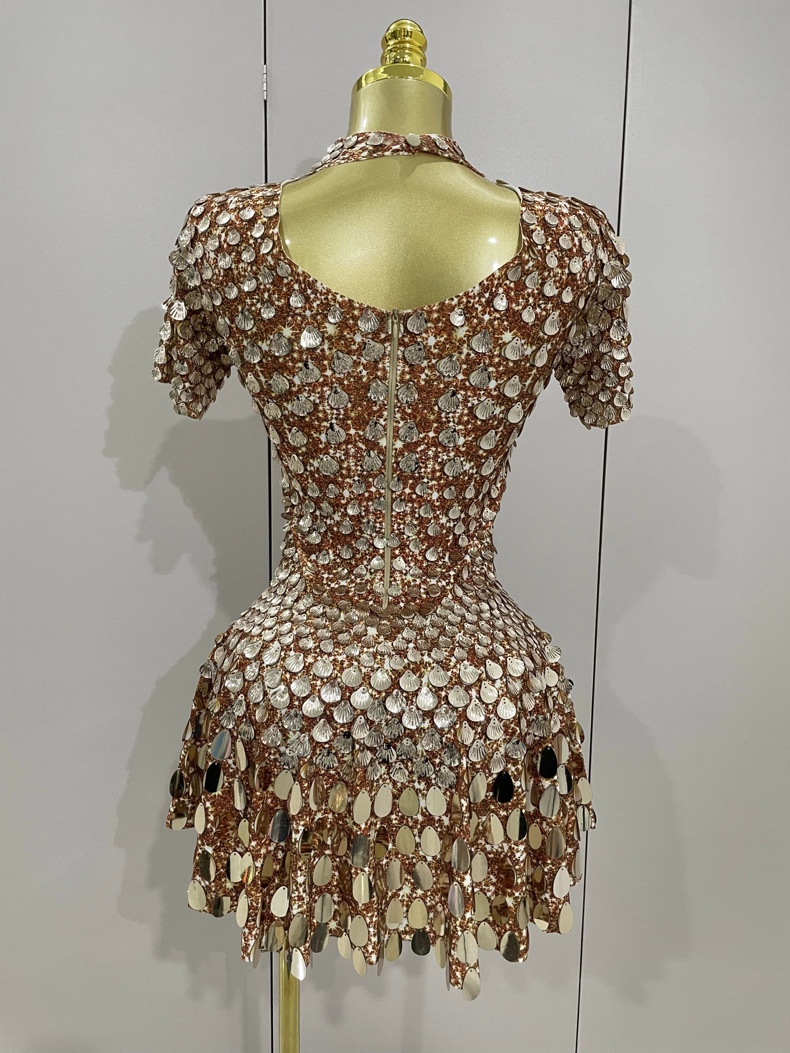 Luxury High Quality Shiny Shell Sequins Bodysuit Dress Women Sexy Nightclub Dance Performance Clothing Birthday party Dresses