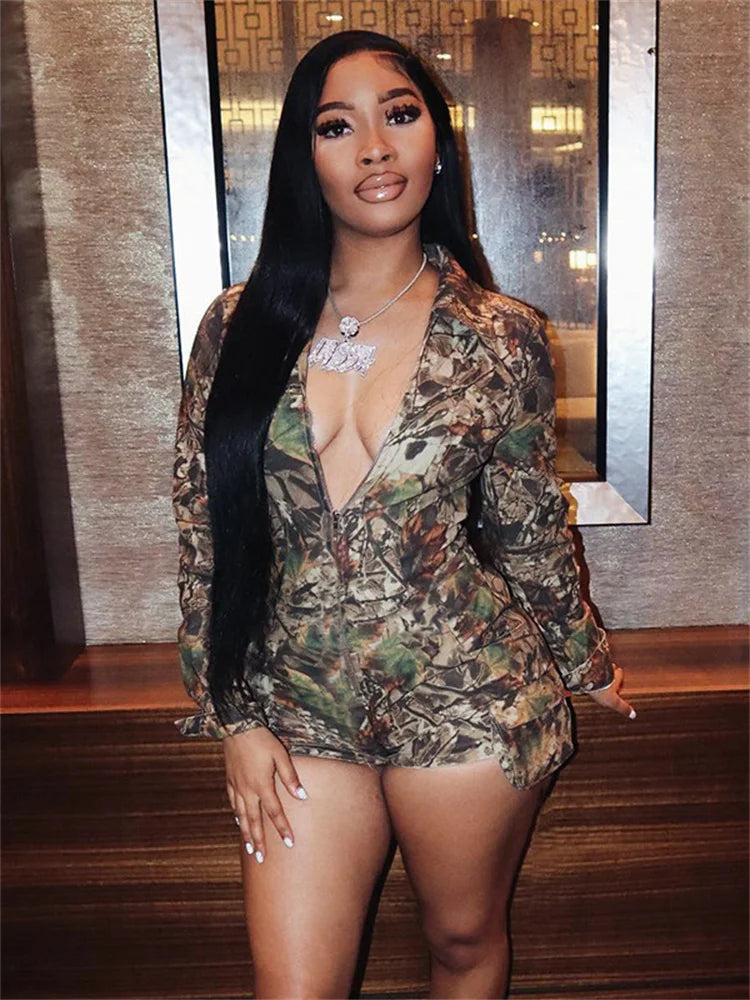 Simenual Streetwear Camouflage Print Long Sleeve Playsuits Women 90s Grunge Zip-up Skinny Rompers Cyber Y2K One-piece Playsuit