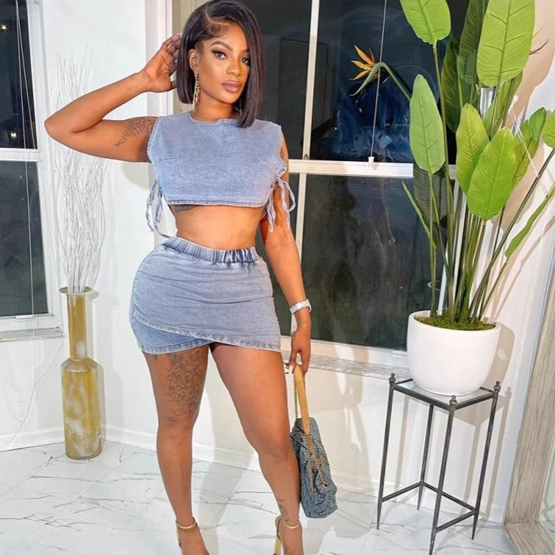 Retro Sleeveless Vest Lace up hip hugging Fashion skirt two-piece set sexy denim mini skirt  Women clothing spicy girl