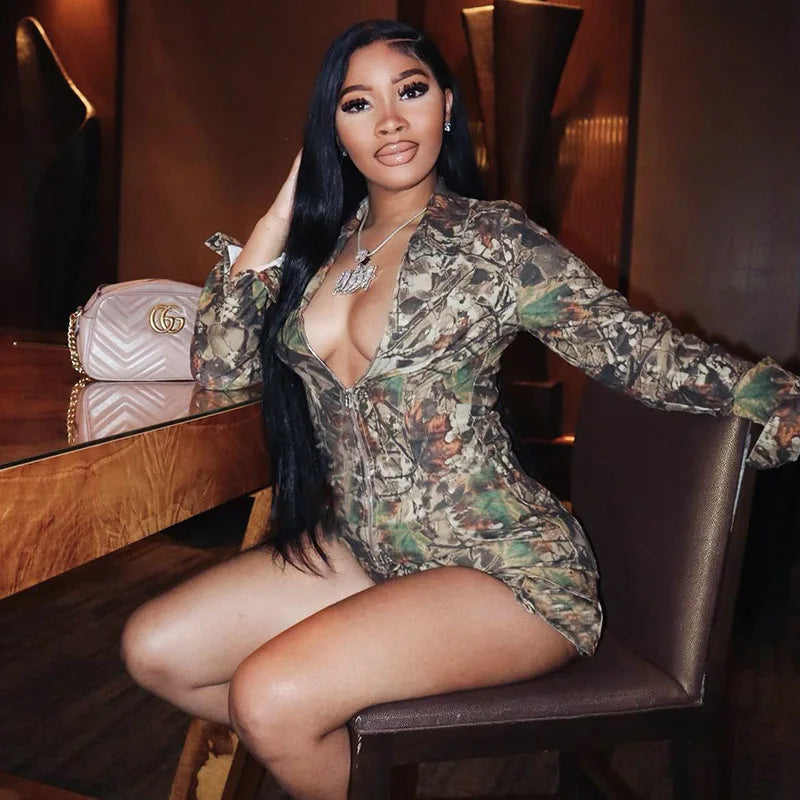 Simenual Streetwear Camouflage Print Long Sleeve Playsuits Women 90s Grunge Zip-up Skinny Rompers Cyber Y2K One-piece Playsuit