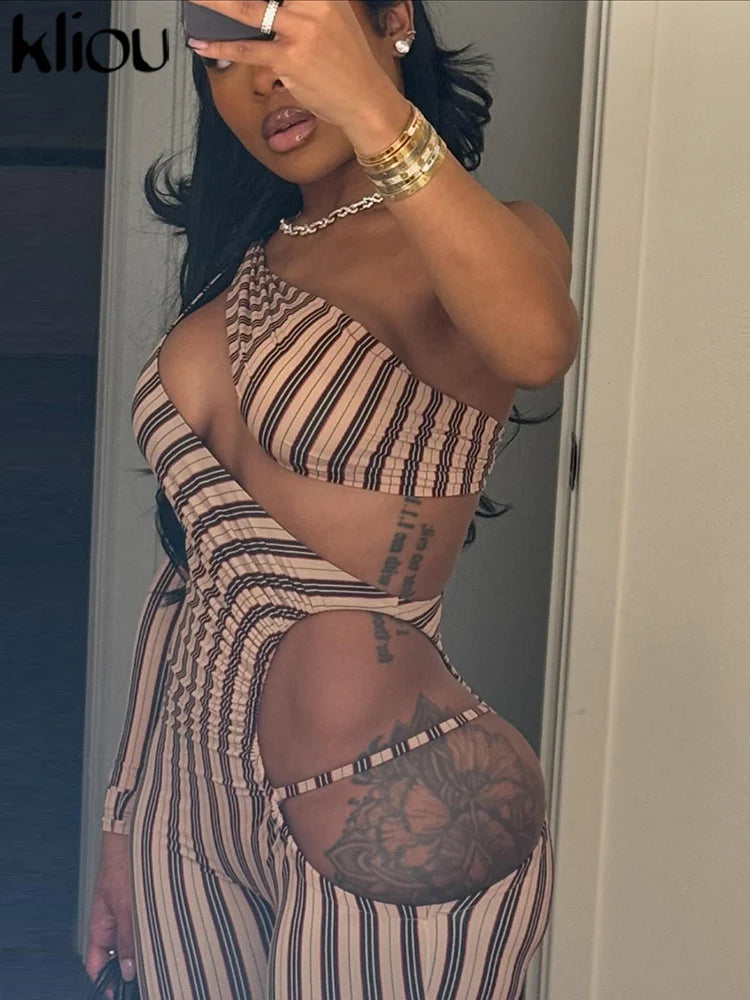 kliou Striped Printed Women Jumpsuits Sexy Incline Shoulder Hollow Cleavage Skinny Overalls Female Fashion Attractive Clubwear