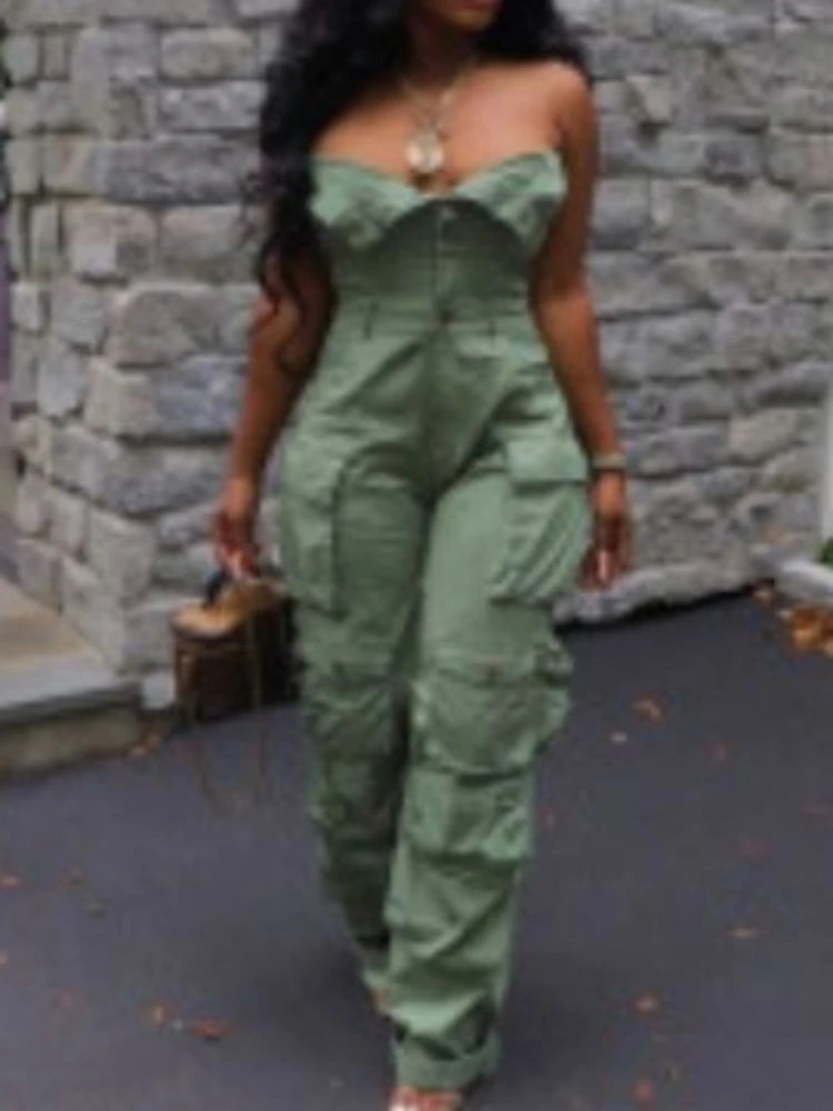 CM.YAYA Fashion Women Strapless Button Front Ruched Cargo Jumpsuit 2023 Autumn Sexy Party Street Playsuit One Piece Suit Romper