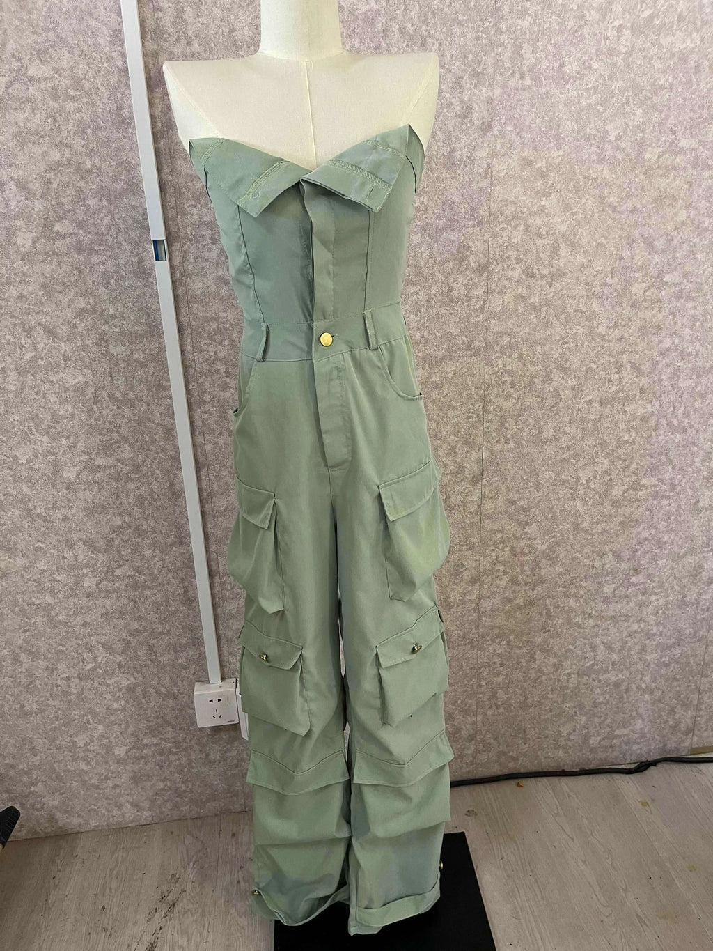 CM.YAYA Fashion Women Strapless Button Front Ruched Cargo Jumpsuit 2023 Autumn Sexy Party Street Playsuit One Piece Suit Romper
