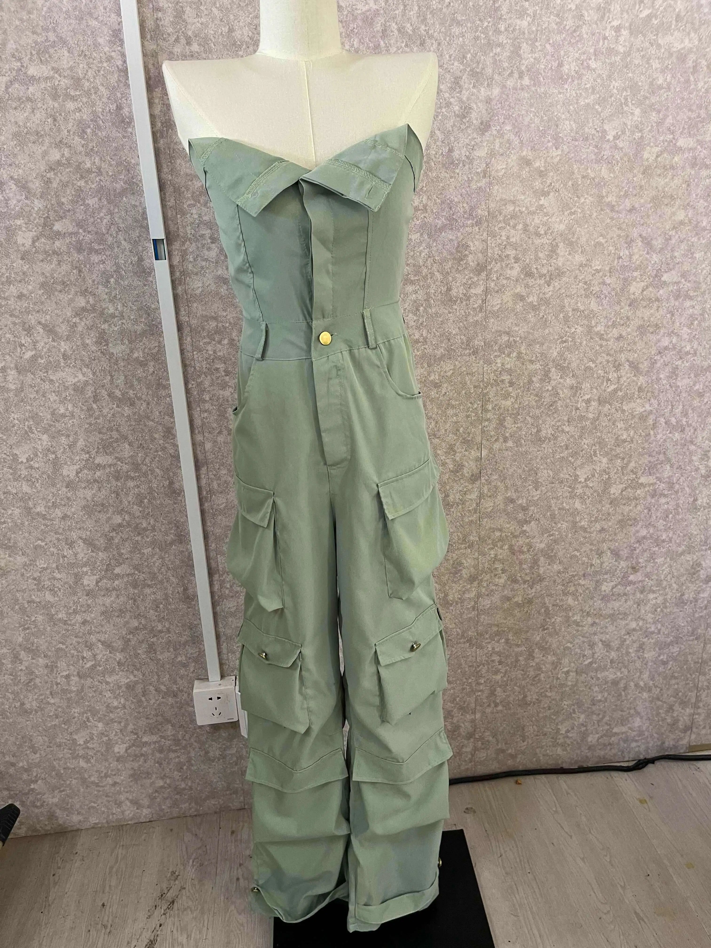 CM.YAYA Fashion Women Strapless Button Front Ruched Cargo Jumpsuit 2023 Autumn Sexy Party Street Playsuit One Piece Suit Romper