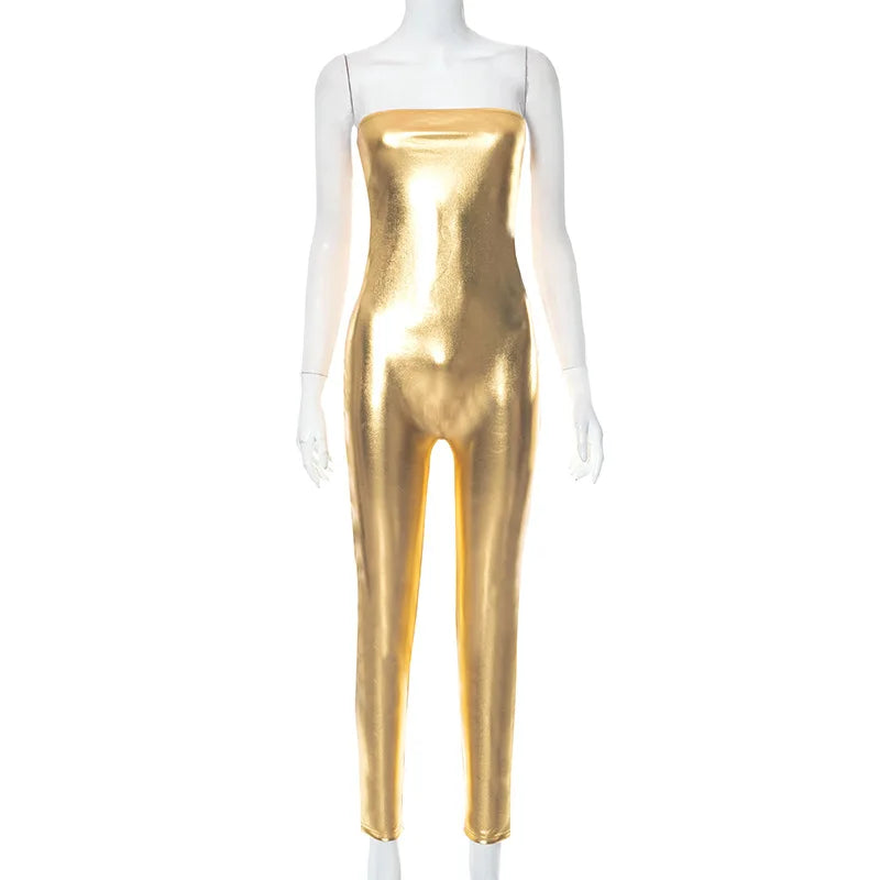 Women Shiny Silver Gold PU Leather Jumpsuit Metallic Color Leather Romper Sleeveless Off Shoulder Slim Jumpsuit Outfits Overalls