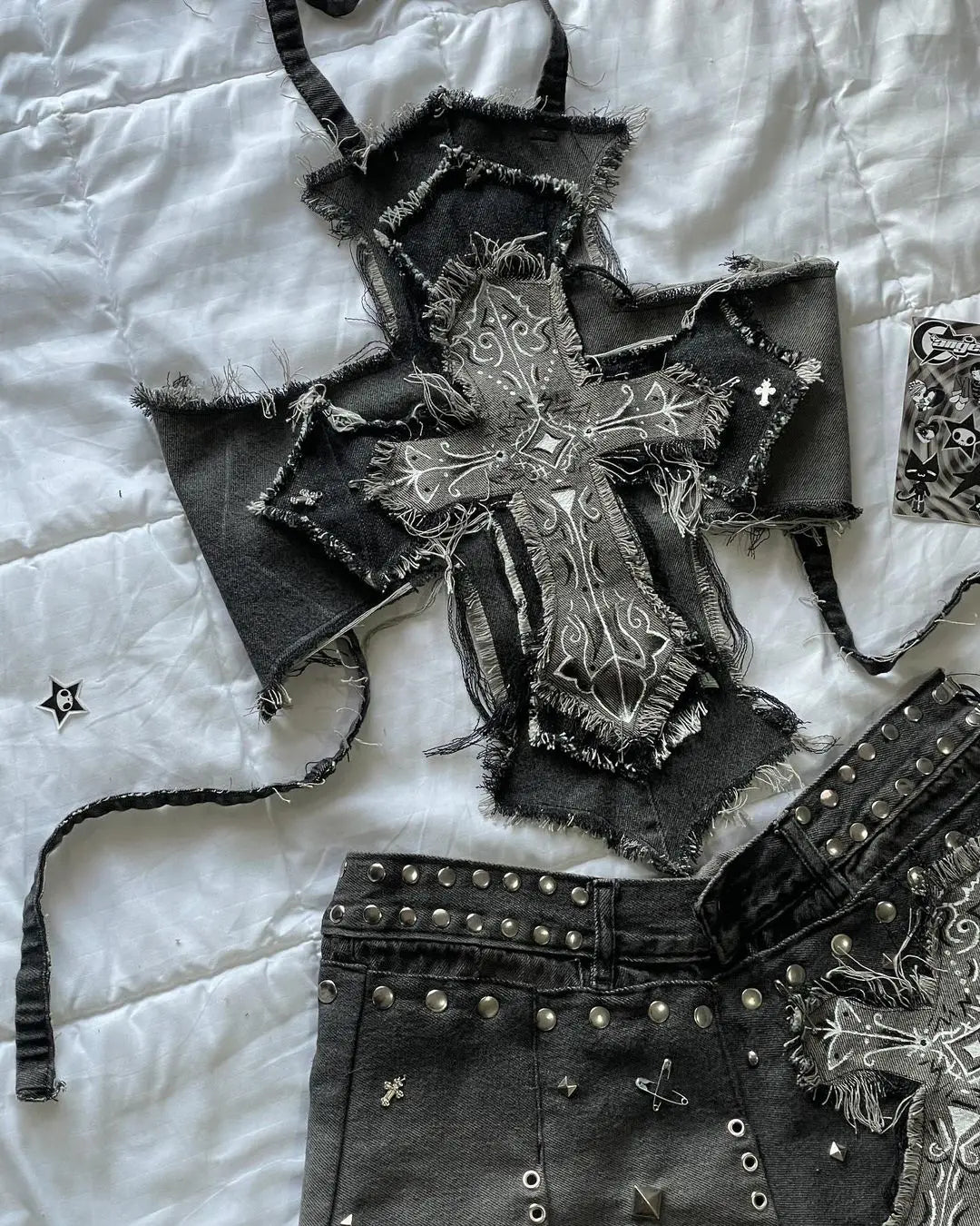 Y2K Streetwear Skirt Sets Womens Gothic Retro Dark Cross Graphic Patch Denim Mini Skirt Halter Tops Harajuku Slim Fit Skirt Sets