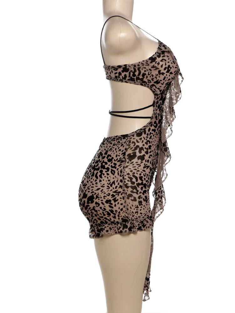 Weird Puss Leopard Print Romper Women Flocking V-Neck Tassel Sexy Summer Backless Coquette Thin Midnight Party Workout Playsuits
