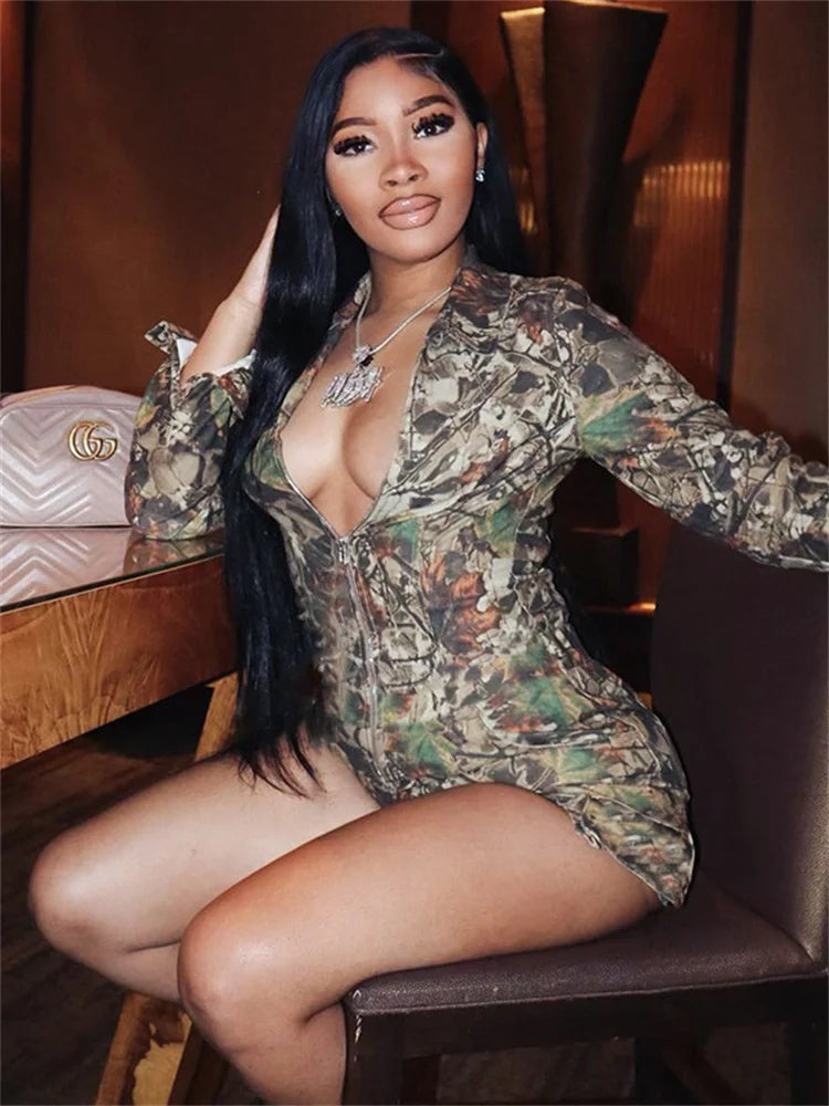 Simenual Streetwear Camouflage Print Long Sleeve Playsuits Women 90s Grunge Zip-up Skinny Rompers Cyber Y2K One-piece Playsuit