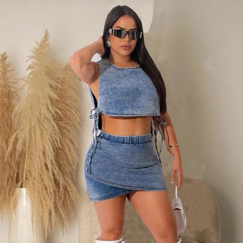 Retro Sleeveless Vest Lace up hip hugging Fashion skirt two-piece set sexy denim mini skirt  Women clothing spicy girl