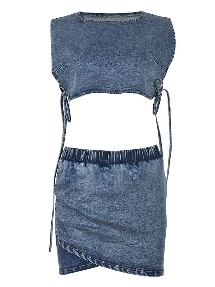Retro Sleeveless Vest Lace up hip hugging Fashion skirt two-piece set sexy denim mini skirt  Women clothing spicy girl