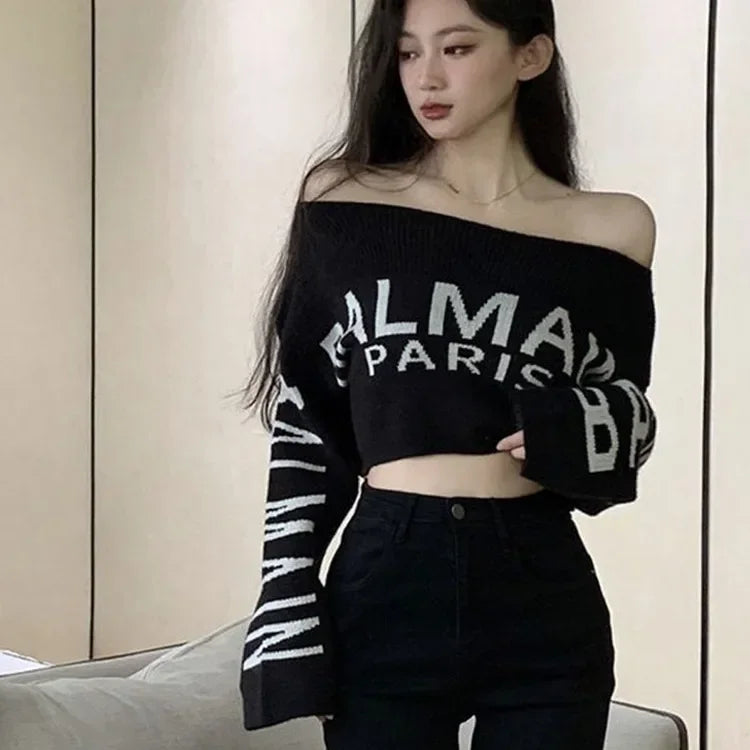 Women's Off-Shoulder Sweater Black Letter Knitted Top Cropped Slim Fit Idle Style Long Sleeve Pullovers For Autumn/Winter