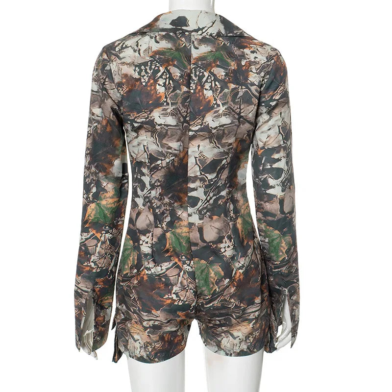 Simenual Streetwear Camouflage Print Long Sleeve Playsuits Women 90s Grunge Zip-up Skinny Rompers Cyber Y2K One-piece Playsuit