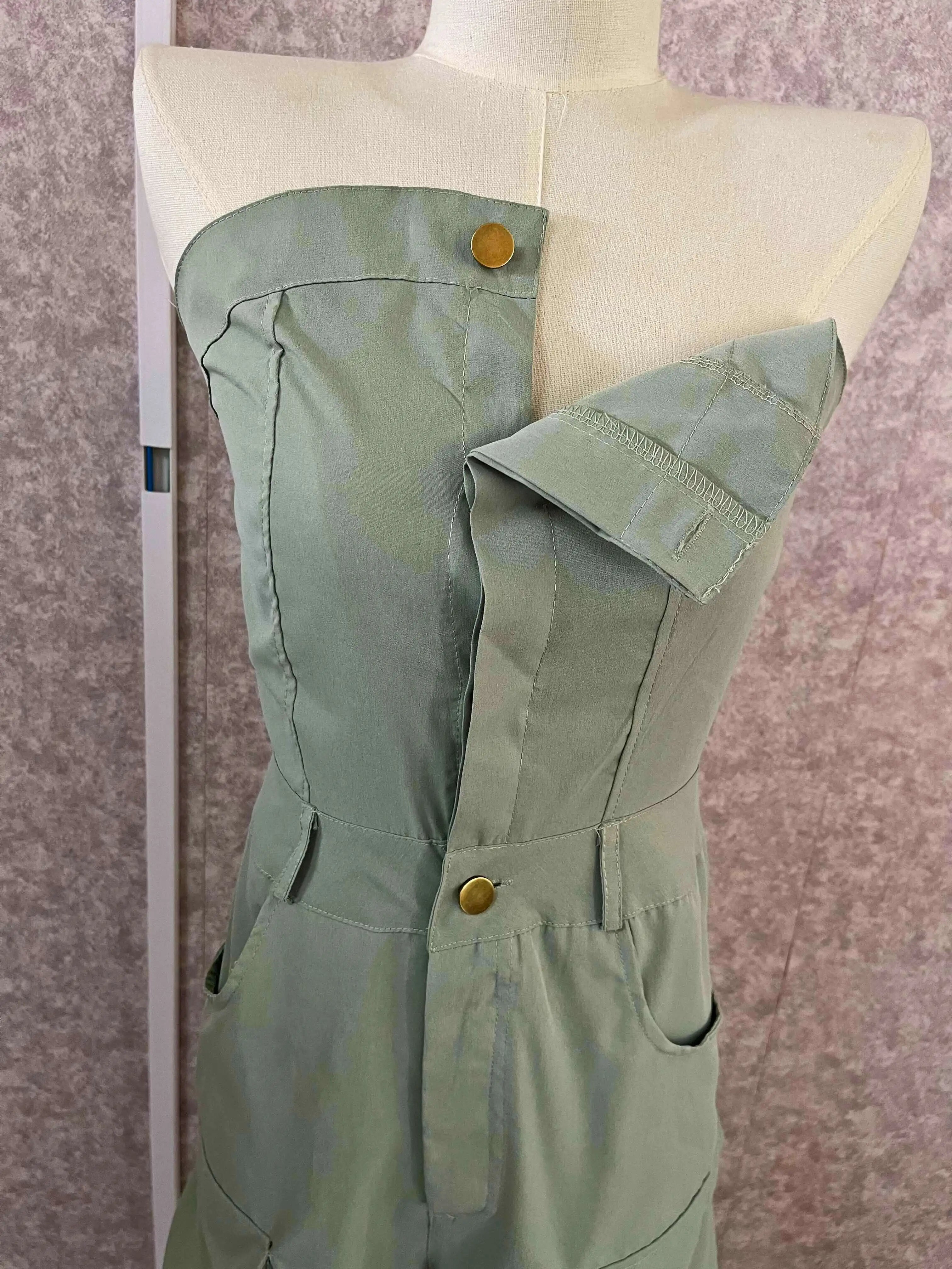 CM.YAYA Fashion Women Strapless Button Front Ruched Cargo Jumpsuit 2023 Autumn Sexy Party Street Playsuit One Piece Suit Romper