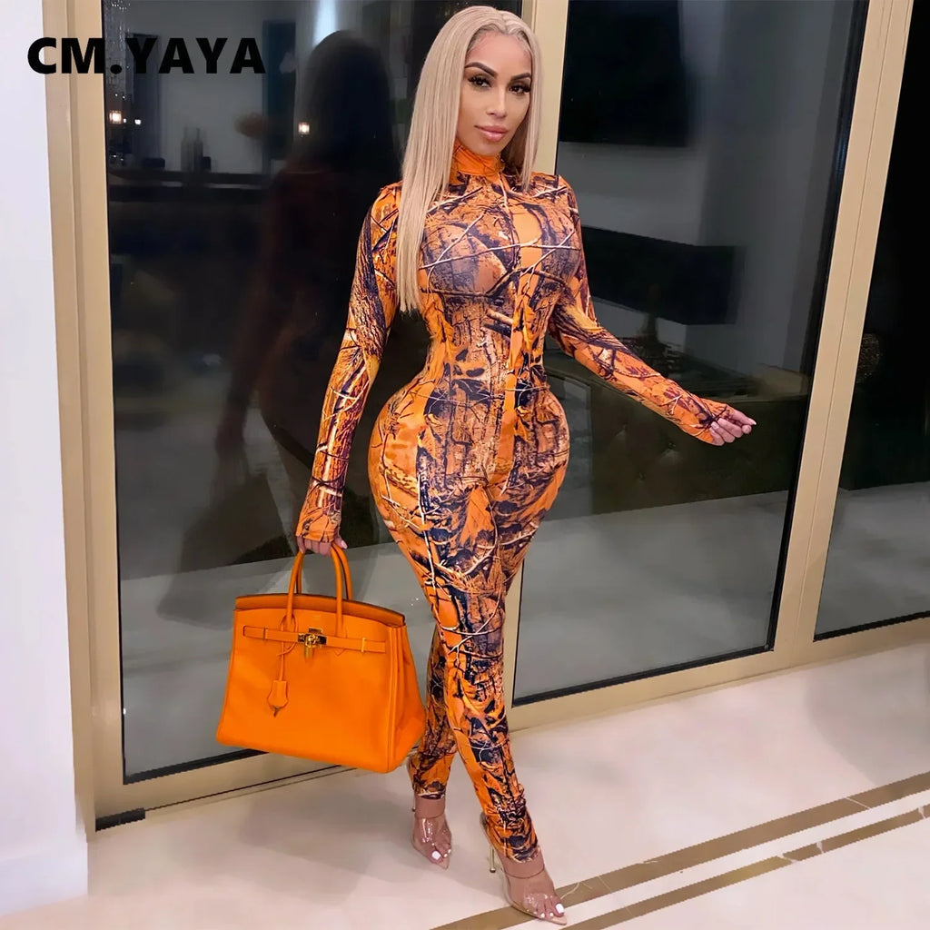 CM.YAYA Active Tie Dye Letter Print Turtleneck Bodycon Jumpsuit for Women Sexy Club One Piece Overall Bodycon Rompers Outfits