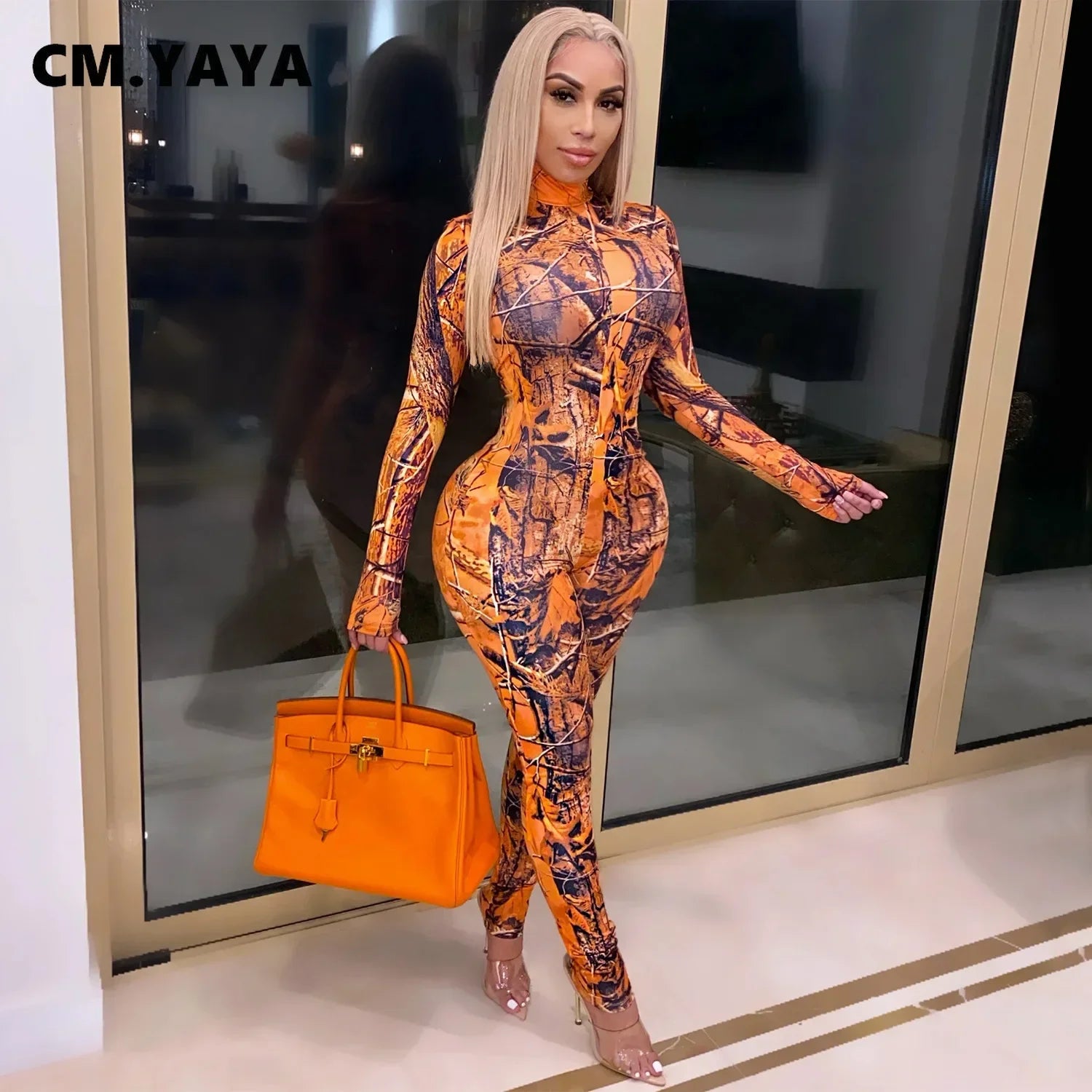 CM.YAYA Active Tie Dye Letter Print Turtleneck Bodycon Jumpsuit for Women Sexy Club One Piece Overall Bodycon Rompers Outfits