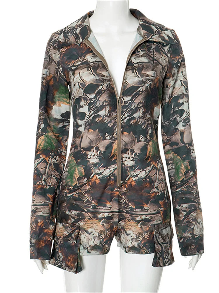 Simenual Streetwear Camouflage Print Long Sleeve Playsuits Women 90s Grunge Zip-up Skinny Rompers Cyber Y2K One-piece Playsuit