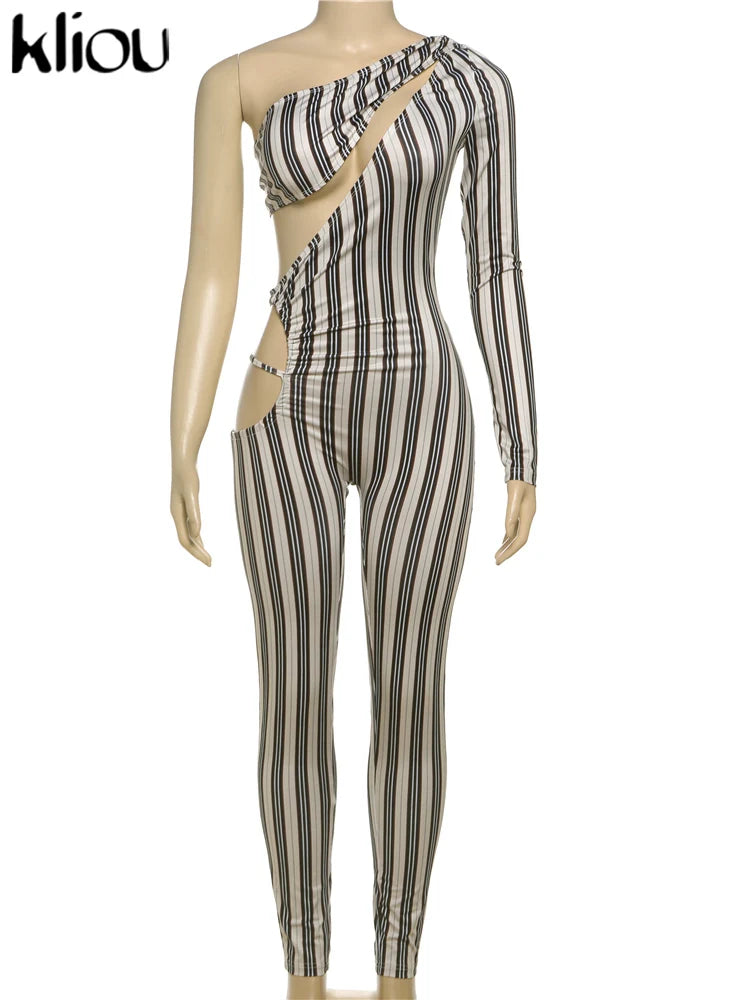 kliou Striped Printed Women Jumpsuits Sexy Incline Shoulder Hollow Cleavage Skinny Overalls Female Fashion Attractive Clubwear