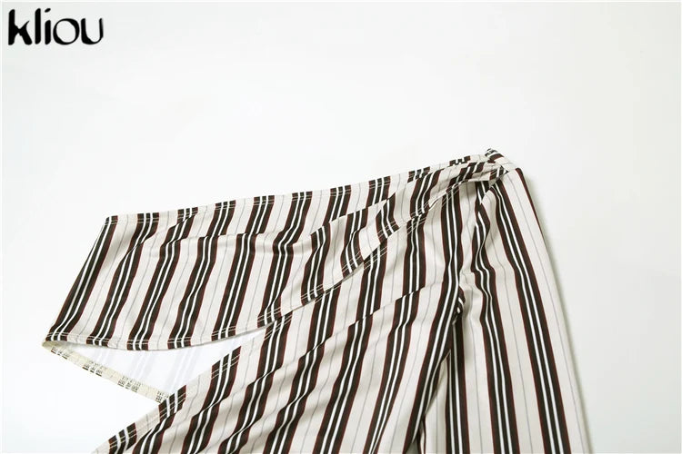 kliou Striped Printed Women Jumpsuits Sexy Incline Shoulder Hollow Cleavage Skinny Overalls Female Fashion Attractive Clubwear