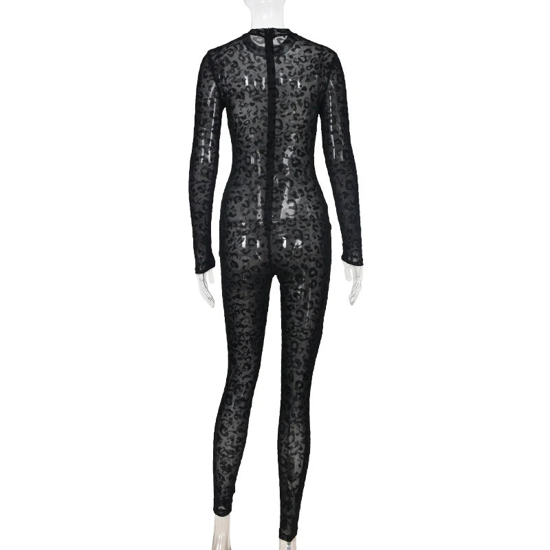Animal Instinct Mesh Bodystocking Leopard See Through Velour Long Sleeve Rompers Womens Jumpsuit Sexy Midnight Clubwear