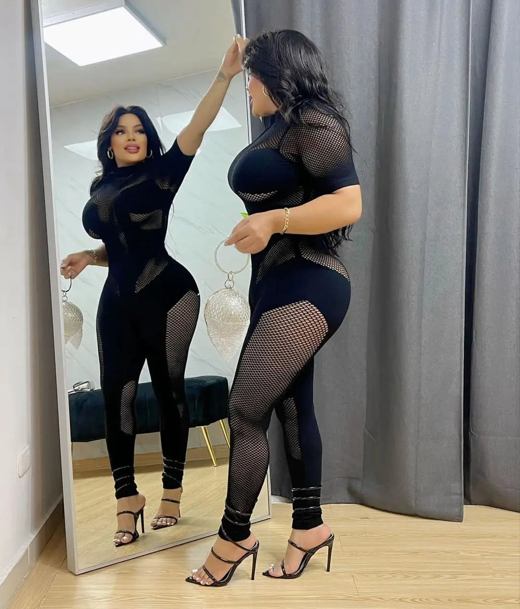 CM.YAYA Short Sleeve Women Mesh Hollow Out O-neck Rompers Jumpsuits 2024 Summer Sleep Night Club Party One Piece Sexy Outfits