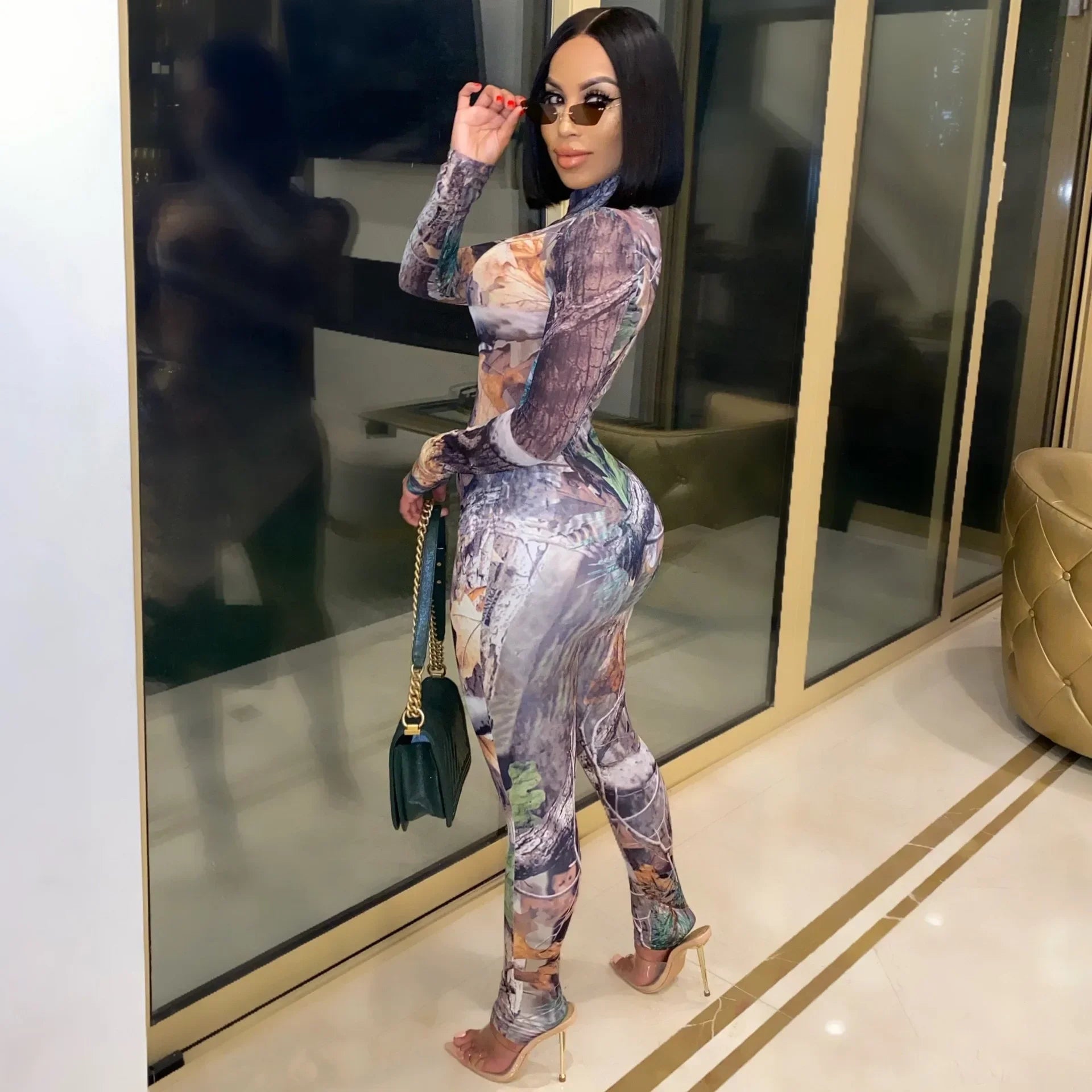 CM.YAYA Active Tie Dye Letter Print Turtleneck Bodycon Jumpsuit for Women Sexy Club One Piece Overall Bodycon Rompers Outfits
