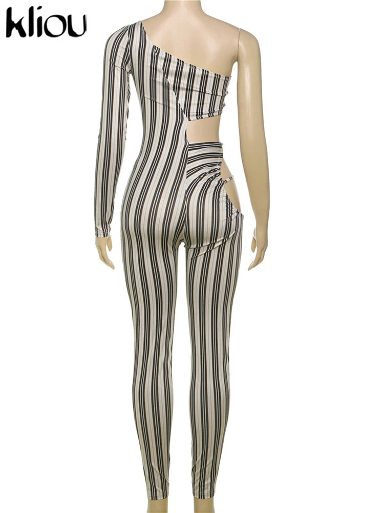 kliou Striped Printed Women Jumpsuits Sexy Incline Shoulder Hollow Cleavage Skinny Overalls Female Fashion Attractive Clubwear