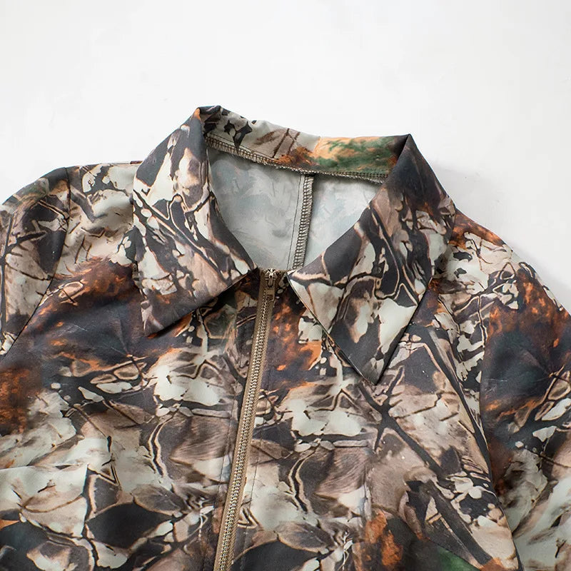 Simenual Streetwear Camouflage Print Long Sleeve Playsuits Women 90s Grunge Zip-up Skinny Rompers Cyber Y2K One-piece Playsuit