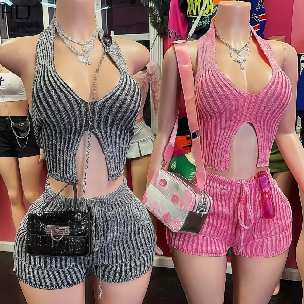 HLJ Fashion Stripe Print 2 Piece Sets Woman Outfit Halter Backless Slim Crop Top + Bodycon Shorts Female Streetwear Spring New