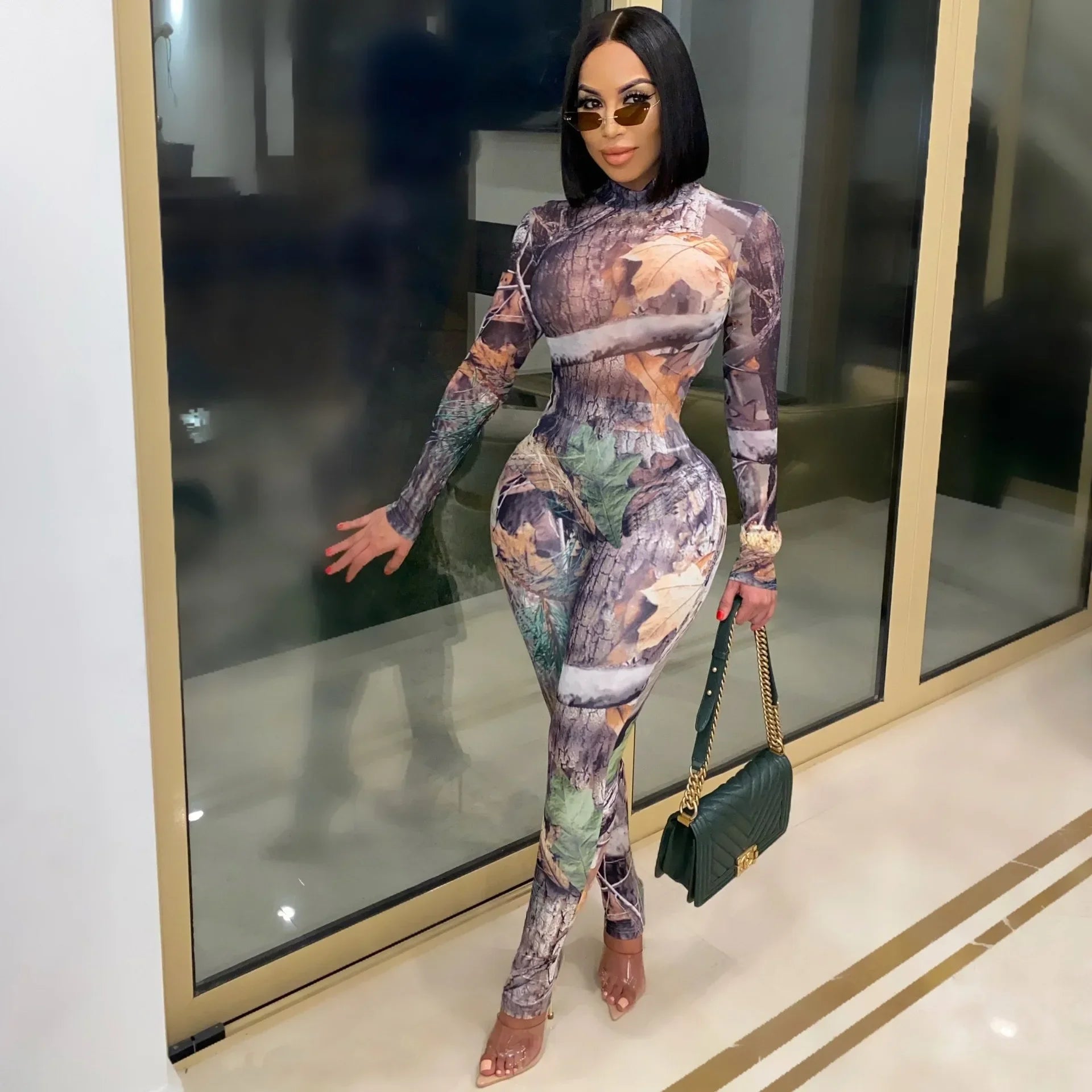 CM.YAYA Active Tie Dye Letter Print Turtleneck Bodycon Jumpsuit for Women Sexy Club One Piece Overall Bodycon Rompers Outfits
