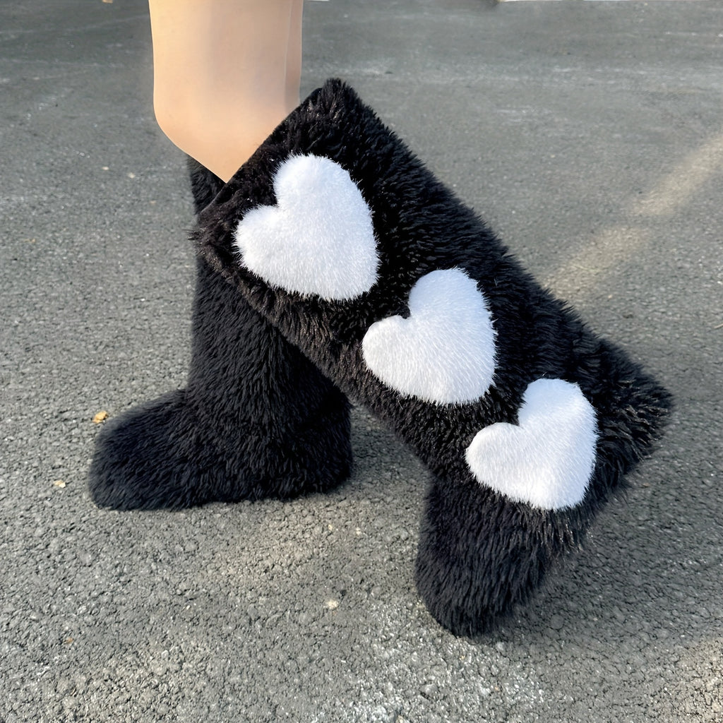 2024 Women's Autumn & Winter Warm Fur Boots, Fashionable & Chic Long Boots, Heart Decor Fur Shoes