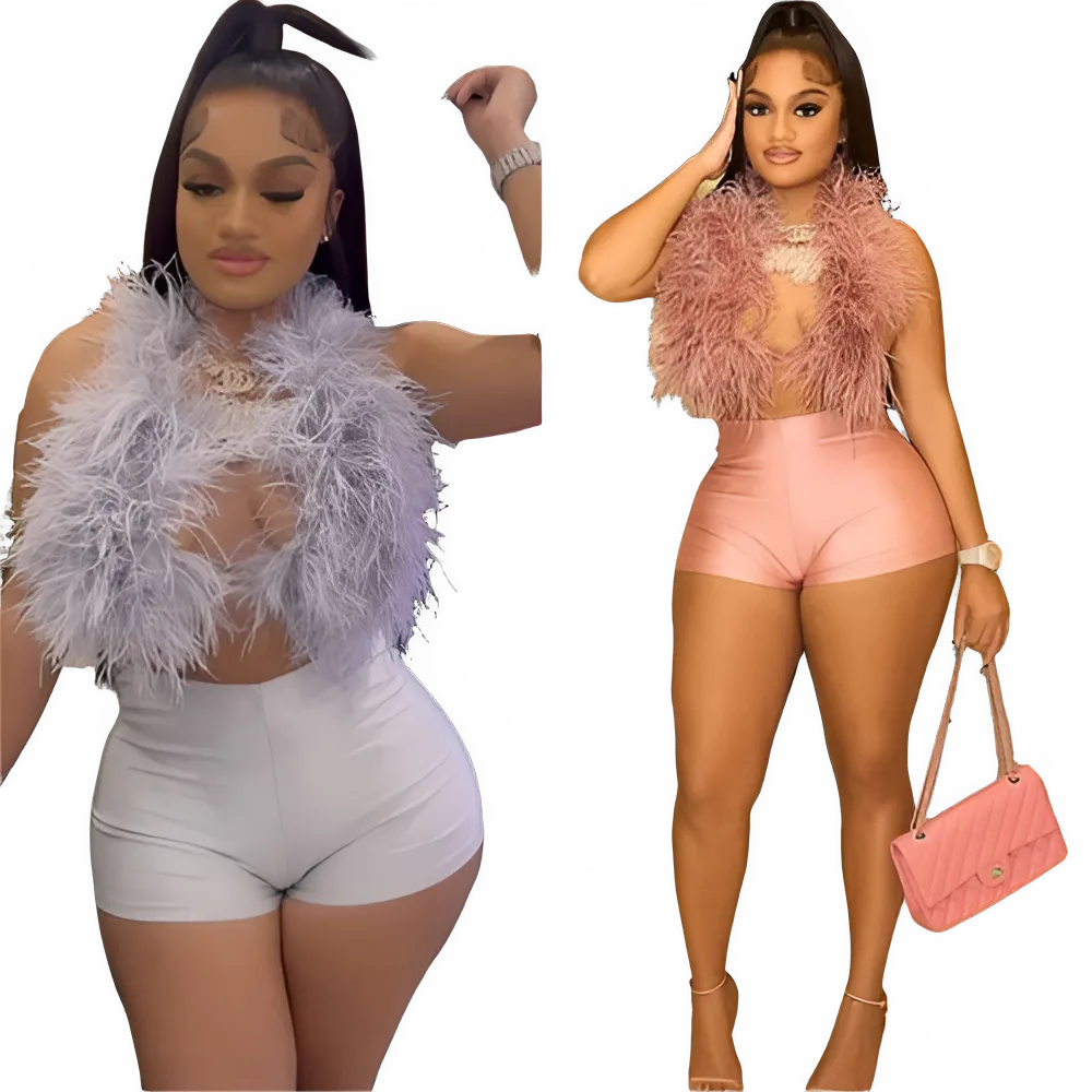 Y2K Streetwear Fur Crop Top & Shorts Set