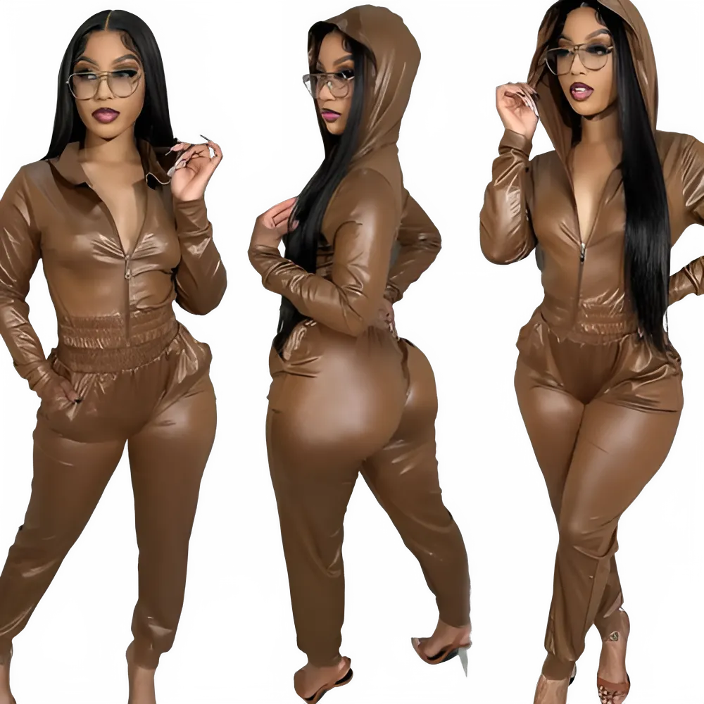 Chic PU Faux Leather Tracksuit Set for Women